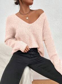 EMERY ROSE Women's Solid Color V-Neck Dropped Shoulder Long Sleeve Casual Loose Pullover Sweater Fall Winter Cloth For Women - Pink - View 6