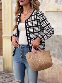 Brillora Women's Houndstooth Long Sleeve Single-Breasted Casual Round Neck Jacket, Tweed Jacket Women, Plaid Jacket Women, Women Casual Jacket, Houndstooth Jacket,Bohemian,Boho Chic,Boho Women Clothing,Western Wear Women,Western, Houndstooth Blazer Women,Fall Clothes,Women's Fall Clothes,Winter Jacket,Business Casual Woman