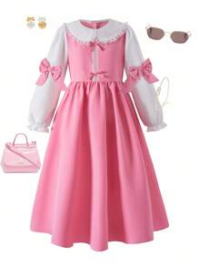 Tween Girl Floral Collar 2 In 1 Pleated Bow Long Dress - Pink - View 3