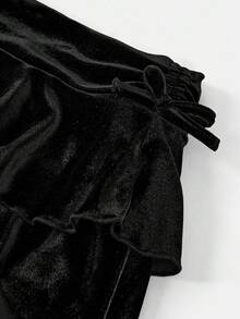 SHEIN Tween Girl Street 休闲黑色天鹅绒纯色抽绳腰部褶皱半身裙 - 黑色 - 查看 3