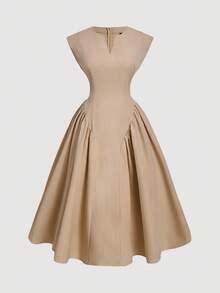 SHEIN MOD Váy xòe tay bồng xòe xẻ tà thanh lịch cỡ lớn, Đầm dự tiệc, Đầm dài đi làm duyên dáng cho mùa xuân/hè, Phong cách cung điện tối giản, Kỳ nghỉ thường ngày, Trang phục hàng ngày - Màu Khaki - Xem 1