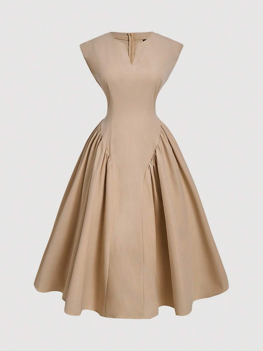 SHEIN MOD Váy xòe tay bồng xòe xẻ tà thanh lịch cỡ lớn, Đầm dự tiệc, Đầm dài đi làm duyên dáng cho mùa xuân/hè, Phong cách cung điện tối giản, Kỳ nghỉ thường ngày, Trang phục hàng ngày - Màu Khaki - Xem 1