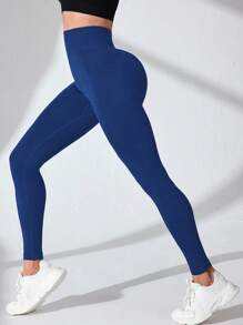SHEIN Sports Women's Solid Color Minimalist Seamless High Elasticity Sports Leggings, Everyday Wear Tummy Control Leggings Booty Lifting Leggings High Waist Leggings Royal Blue Leggings Yoga Pants - Navy Blue - View 2
