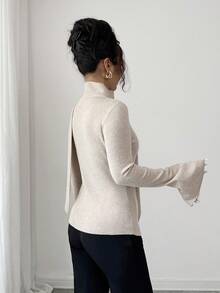 Elenzga Camiseta de manga larga con volantes asimétricos, jersey ajustado y ceñido de punto calado, top casual versátil de unicolor minimalista para el otoño - Camel - Ver 2