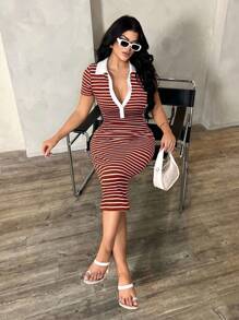 SHEIN SXY Vestido polo casual de mujer de manga corta a rayas, vestido de punto ajustado de longitud media, vestido elegante francés