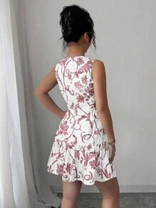Elenzga 最新款花卉印花圆领无袖收腰女式迷你连衣裙，春夏 - 紅色 - 查看 2