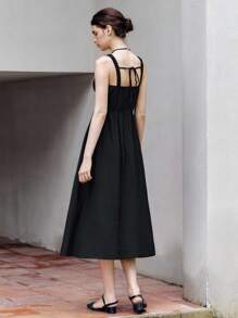 Chiquease Halloween Women's Summer French Style Linen Ruched Waist A-Line Dress, Minimalist Elegant - Black - View 3