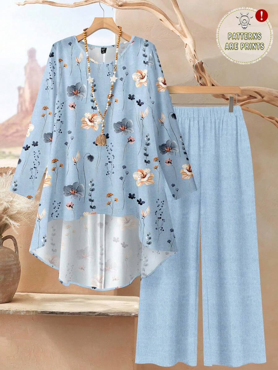 Rusticease 2 件套休闲度假风格蓝色花卉图案套装，女式宽松圆领长袖上衣和裤子，夏季服装，度假和海滩风格 - 彩色 - 查看 1