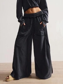 Bohemela 2 件女士休闲纯色针织长袖宽松运动衫和高腰宽松阔腿裤套装 - 黑色 - 查看 7