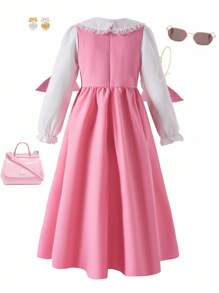 Tween Girl Floral Collar 2 In 1 Pleated Bow Long Dress - Pink - View 2