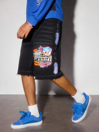 Prep Men's Colorful Diamond College Loose Denim Shorts