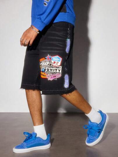 Prep Men's Colorful Diamond College Loose Denim Shorts