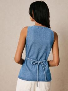 Poéselle 女式纯色简约无袖牛仔上衣，休闲日常穿着 - 中等水洗藍 - 查看 2