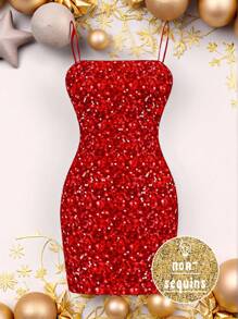 SHEIN EZwear 圣诞节休闲红色亮片印花简约女士细肩带紧身迷你连衣裙 - 白色 - 查看 4