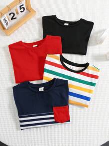 SHEIN 3+1 4 buc/set tricou bebeluși băieți/fete, confortabil, versatil, casual, cu dungi, mânecă scurtă, cu buzunar, potrivit pentru interior, exterior, zi de zi, sport, joacă, petrecere, fotografie, vacanță, primăvară/vară tricou bebeluși băieți tricou cu dungi tricou bebeluși băieți tricou de vară bebeluși băieți - Multicolor - Vizualizare 4