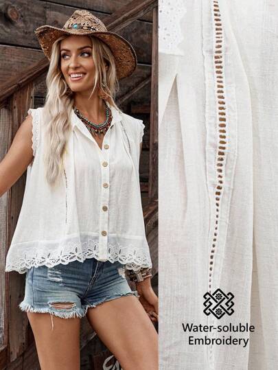 LanaWest 女士白色镂空花卉蕾丝花边圆领单排扣开衫，甜美荷叶边法式简约休闲青春舒适高端百搭衬衫，适合夏秋季