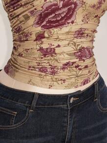 SHEIN ICON Plus Size Y2K Summer Going Out Boho Western Country Concert Women's Sexy Backless Floral Print Halter Neck Top, Summer Halter Tops For Women Vintage Halter Top,Back To School