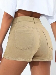 SHEIN PETITE Quần short denim đơn hàng cài khuy đơn màu trơn dành cho nữ - Màu Khaki - Xem 2