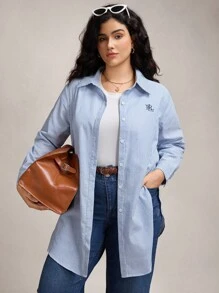 Zelara 大码休闲条纹前扣长袖衬衫 - 藍白色 - 查看 9