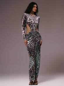 MUSERA Metallic Leoparden-Muster Ausschnitt Taille Langarm Maxikleid mit Schlitz vorne, für Herbst Winter Frühling Sommer Urlaub Abend Hochzeit Gast Geburtstag Club Sexy Brunch Ausgehen Kreuzfahrt Party Elegant Ibiza Anlass Mädchenhaft Niedlich