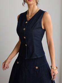 Elenzga 立领纽扣水洗牛仔衬衫 - 深色水洗藍 - 查看 3