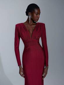 Elitara Elegant, Romantic, Sexy, Minimalist, Plum Red, Stretchy, Deep V-Neck, Long Sleeve, Fishtail Hem, Fashionable, Influencer Style, Suitable For Holidays, Vacation, Birthday Party, Wedding, Bridesmaid Dress - Red - View 2