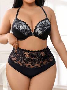 Miss Vinta 2pcs Plus Size Front Closure Lace Patchwork Underwire Bra Set - Black - View 5