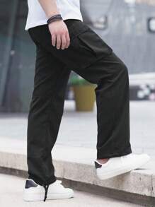 Manfinity Homme Pantalones cargo con bolsillo con solapa y cintura con cordón, otoño - Negro - Ver 2