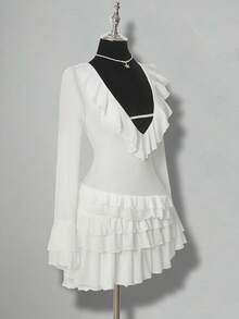 SHEIN ICON Women's Cute Sweet Girl Millennial Style Y2K Pure Desire Style Princess Banquet Dance Dress Mesh Multi-Layer Ruffle V-Neck Trumpet Sleeve Elegant White Mini Dress - White - View 7