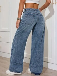 SHEIN PETITE Women's Simple Everyday Fashion Straight Leg Blue Jeans - Blue - View 2