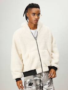 ROMWE MEN Casual Men's Loose Fit Hooded Jacket In Plush Fabric , Fall Winter - White - View 5
