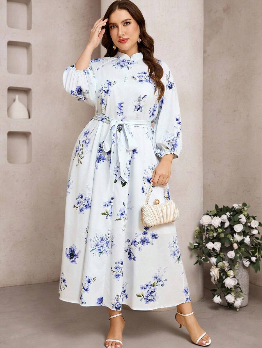 Modelyn Robe élégante à manches lanternes avec imprimé floral pour femmes grande taille - Multicolore - Voir 1