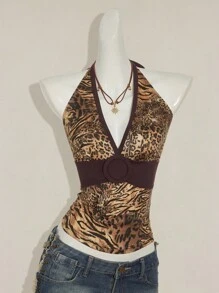 SHEIN ICON Áo hở lưng cổ chữ V sâu màu vàng nâu bó sát, phong cách hiện đại Y2K, phong cách cổ điển gợi cảm, thời trang xuân hè cho nữ, họa tiết da báo cá nhân hóa, họa tiết hổ, màu tương phản, thời trang thiên niên kỷ - màu nâu - Xem 4