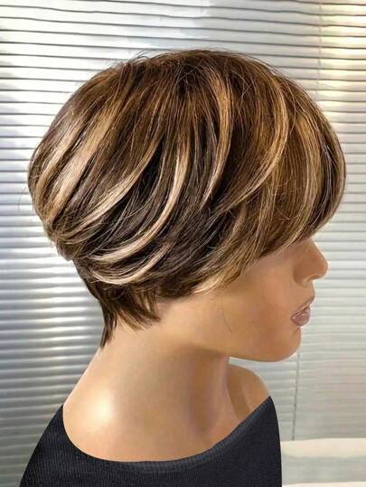 Peluca de pelo humano Remy corta y recta con flequillo, de color mixto. Peluca de 3 pulgadas hecha a máquina P427