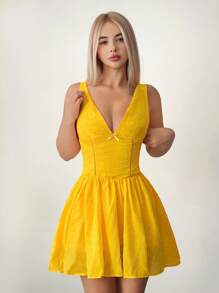 Sweetina Vestido mini de mujer amarillo con bordado, decoración de lazo, cuello en V, corte A, estilo pastoral elegante de verano - Amarillo - Ver 2