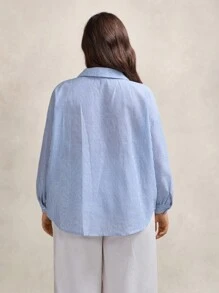 Zelara 大碼條紋印花半排扣落肩袖襯衫 - 藍白色 - 查看 2