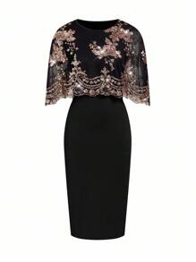 Ellevyn 亮片花朵刺绣迷人优雅派对礼服，适合派对和聚会 - 黑色 - 查看 11