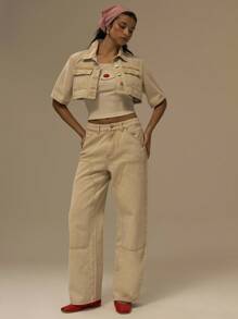 MUSERA Boxy Fit Collared Button Through Mid Sleeve Denim Top Only Spring Summer Casual Work Office Chic - Khaki - View 5