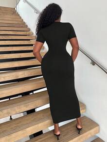 Alexandranx 女士纯色 V 领紧身短袖连衣裙 Hoco Dresses - 黑色 - 查看 2