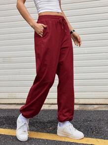 Streetz SHEIN Sport 女士纯色抽绳腰休闲慢跑裤，简约时尚 - 紅色 - 查看 5