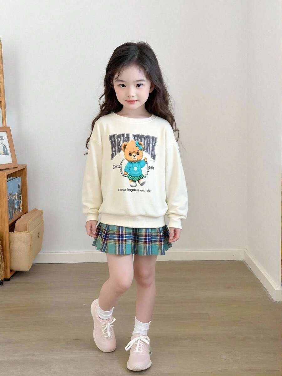 2pcs Young Girls Bear Print Long Sleeve Sweatshirt & Plaid Cute Skirt Set,Autumn Back-To-School Career Day Girls 2 Pieces Outfit - Multicolor - View 1