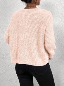 EMERY ROSE Women's Solid Color V-Neck Dropped Shoulder Long Sleeve Casual Loose Pullover Sweater Fall Winter Cloth For Women - Pink - View 2