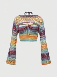 ROMWE 2pcs Y2K Hippie Ombre Knit Vest + Cover Up Sweater Set - Multicolor - View 1