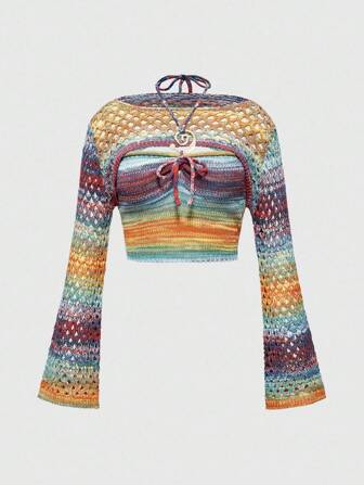 Set de 2 piezas chaleco de punto degradado estilo hippie Y2K + suéter tipo capa