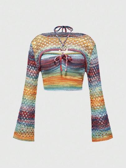 Hippie 2pcs Y2K Hippie Ombre Knit Vest + Cover Up Sweater Set