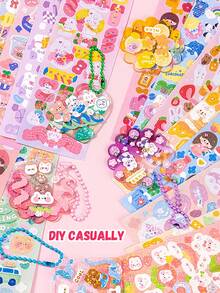 SHEIN 可爱卡通贴纸 100 片或 200 片防水全息激光材料预切线趣味装饰 DIY 混合设计适用于杯子瓶子笔记本电脑日记本剪贴簿明信片 - 彩色 - 查看 7