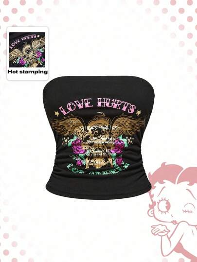 Betty Boop | ROMWE Top sin tirantes con estampado de alas vintage y tachuelas, estilo motocicleta para mujeres