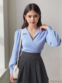 SHEIN Tween Girl Casual Vintage Retro Blue And White Striped Collar Ruched Asymmetrical Hem Woven Shirt, Back To School Striped Blue Shirt Blue Striped Shirt Blue And White Striped Shirt Baby Blue Striped Shirt Tween Girl Striped Blouse Fall Winter - Blue - View 9
