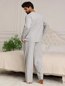 DAZY Men's Autumn Simple Button-Up Long Sleeve Grey T-Shirt And Pants Pajama Set, Fall Winter Clothes