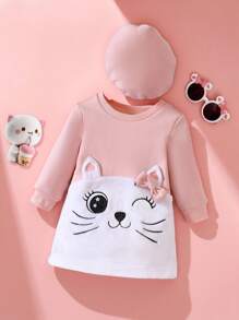 SHEIN Baby Girl Cartoon Graphic 3D Ear Design Bow Front Sweatshirt Dress & Hat - Pink - View 1